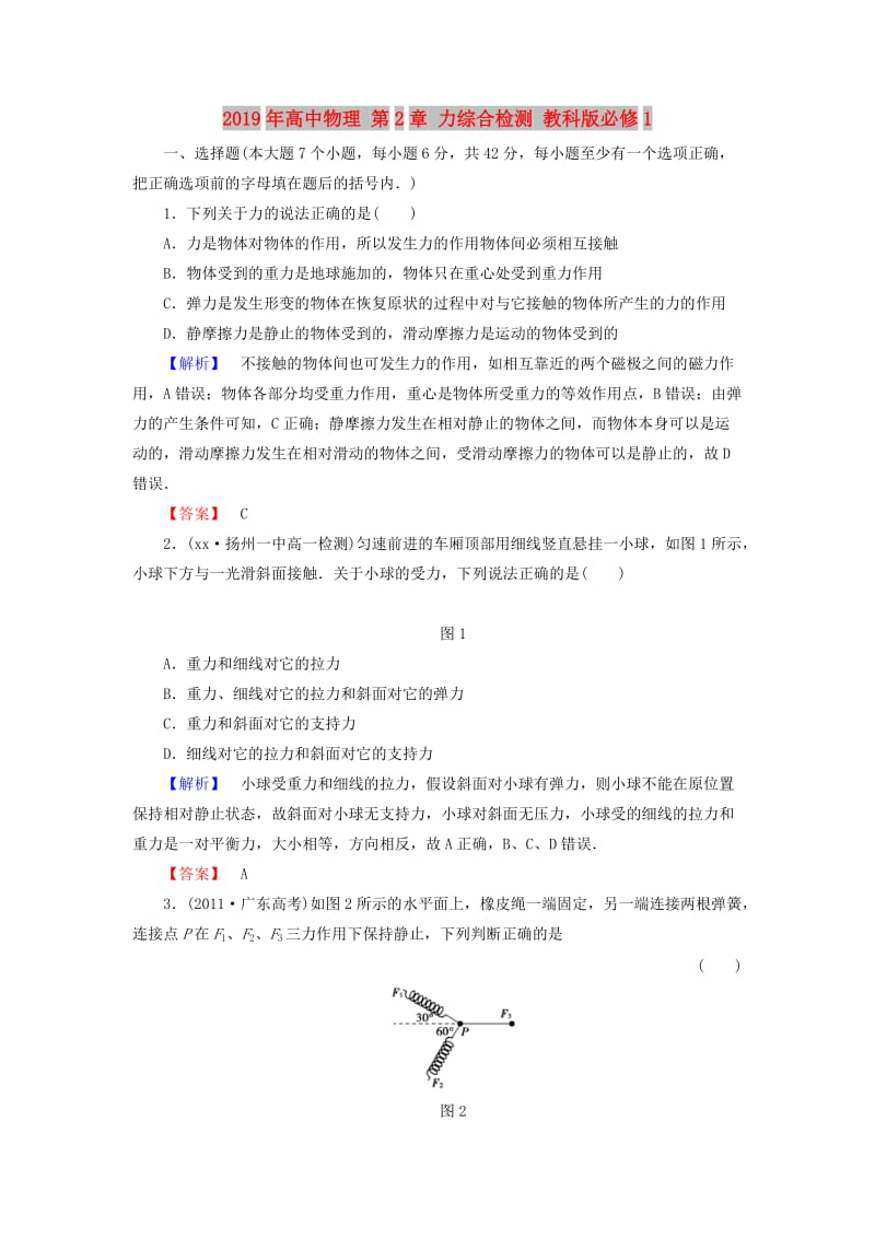 2019年高中物理 第2章 力综合检测 教科版必修1.doc_第1页