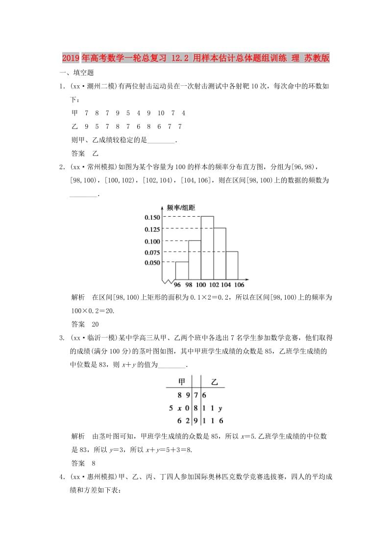 2019年高考数学一轮总复习 12.2 用样本估计总体题组训练 理 苏教版.doc_第1页