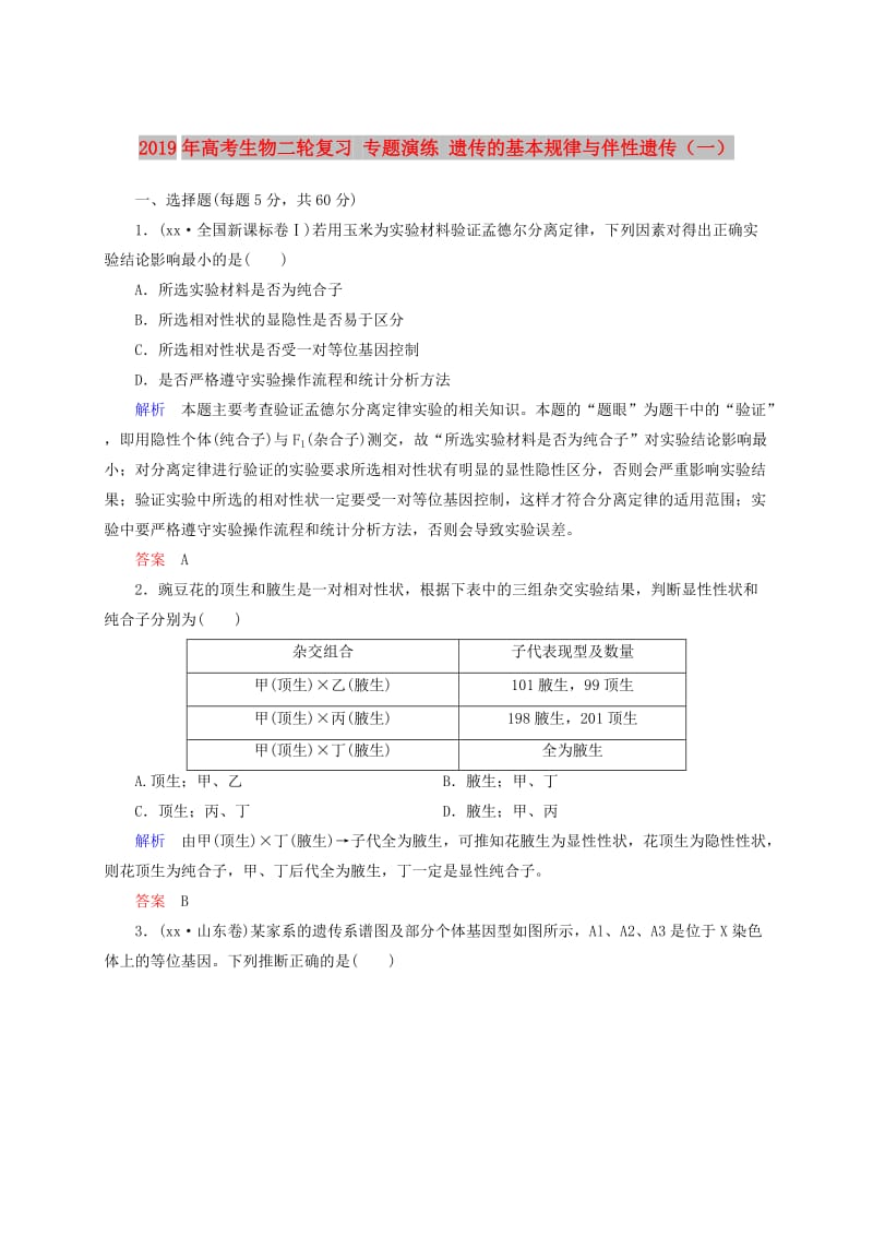 2019年高考生物二轮复习 专题演练 遗传的基本规律与伴性遗传（一）.doc_第1页