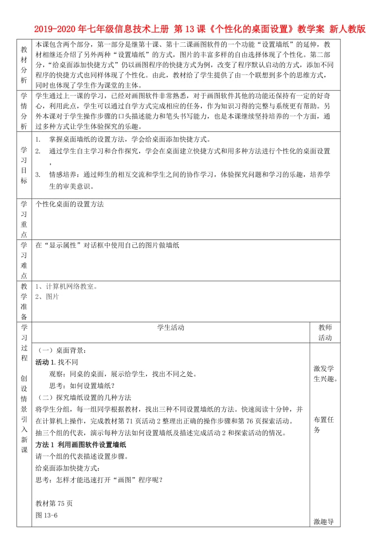 2019-2020年七年级信息技术上册 第13课《个性化的桌面设置》教学案 新人教版.doc_第1页