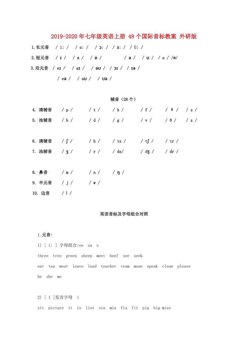 2019-2020年七年级英语上册 48个国际音标教案 外研版.doc_第1页