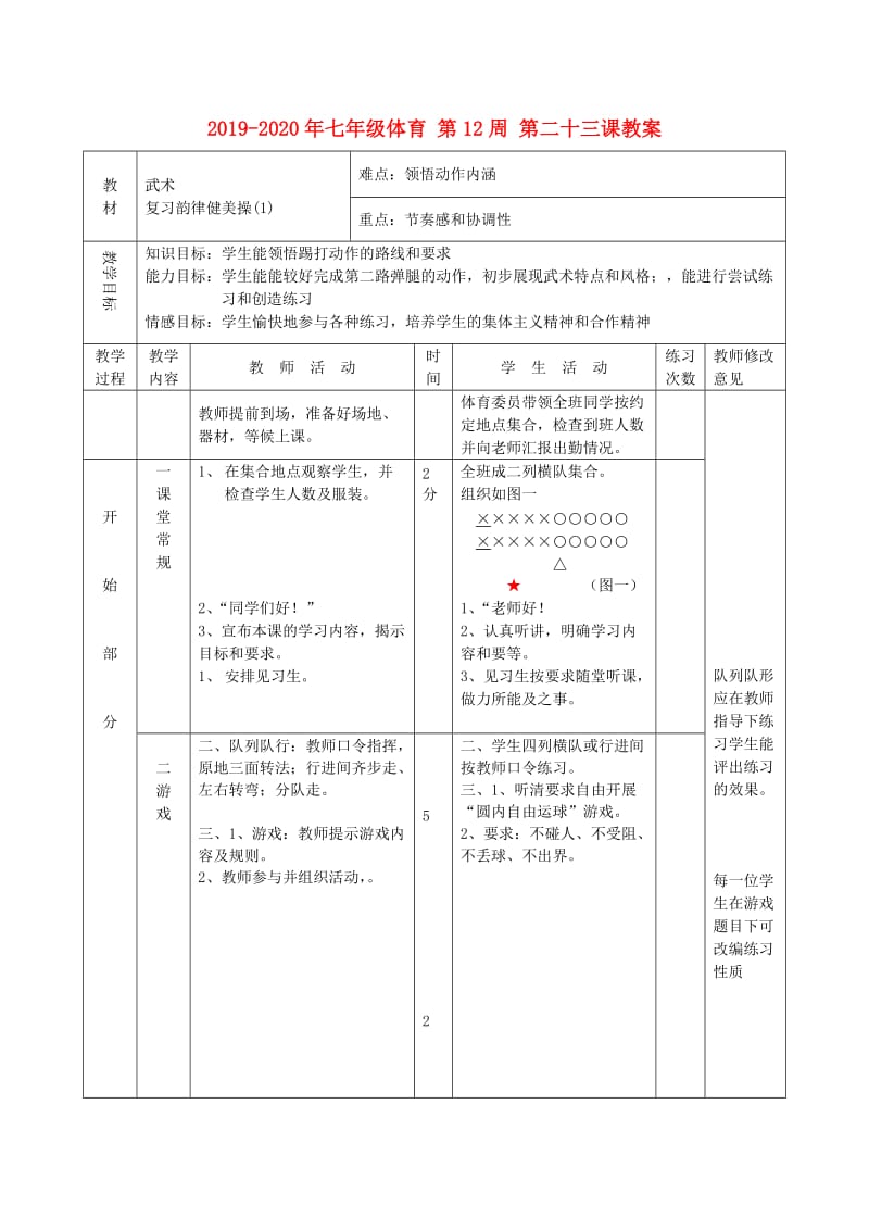 2019-2020年七年级体育 第12周 第二十三课教案.doc_第1页