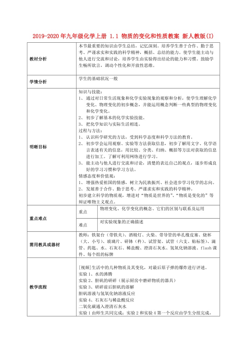 2019-2020年九年级化学上册 1.1 物质的变化和性质教案 新人教版(I).doc_第1页