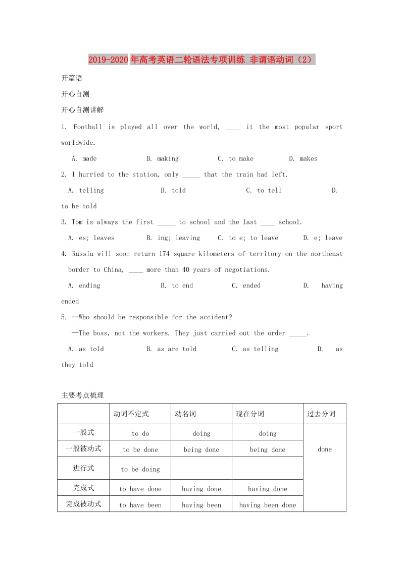 2019-2020年高考英语二轮语法专项训练 非谓语动词（2）.doc_第1页