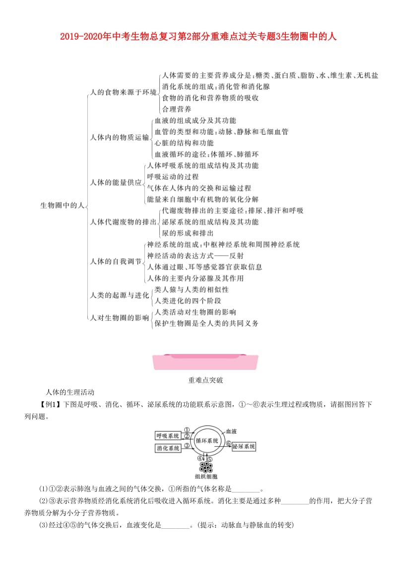 2019-2020年中考生物总复习第2部分重难点过关专题3生物圈中的人.doc_第1页