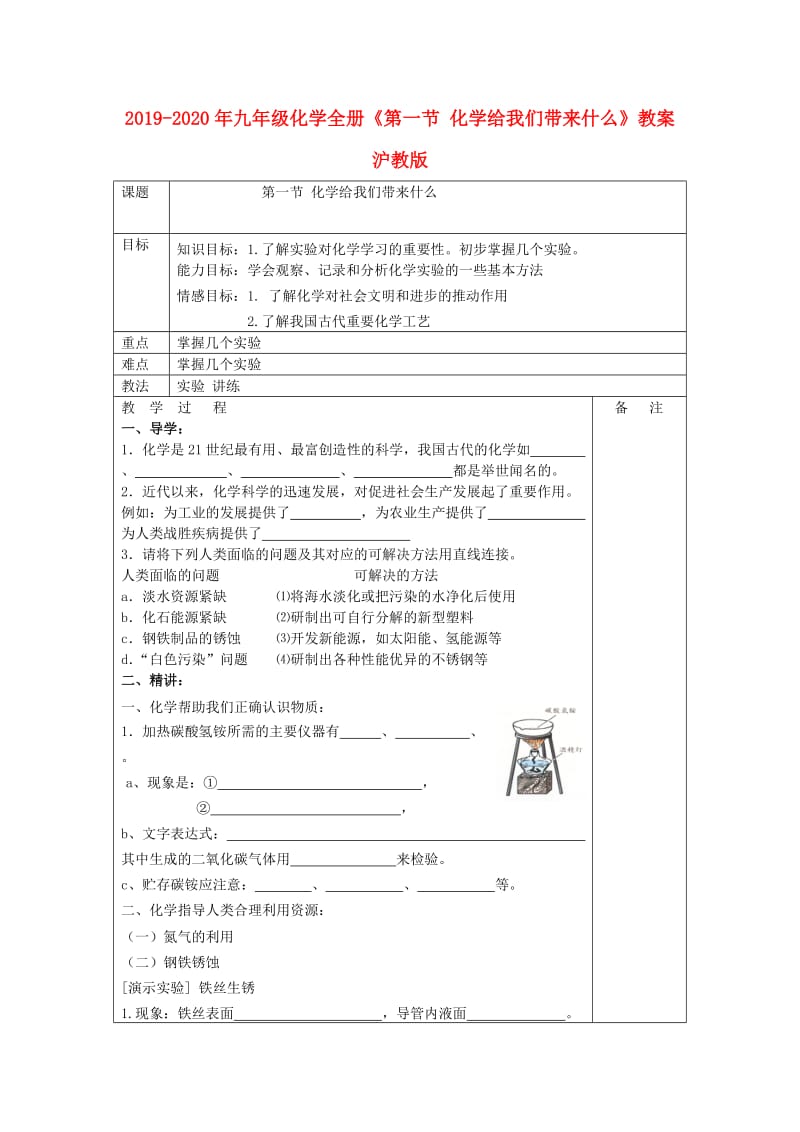 2019-2020年九年级化学全册《第一节 化学给我们带来什么》教案 沪教版.doc_第1页