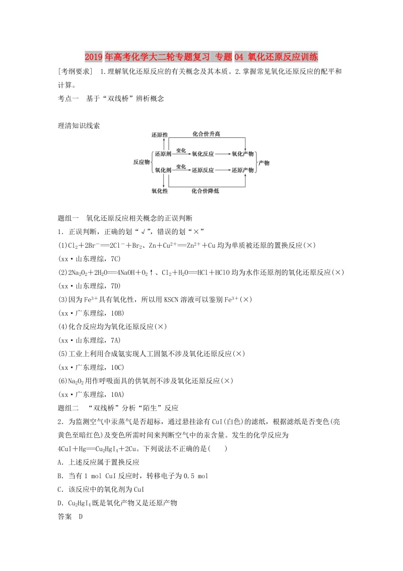 2019年高考化学大二轮专题复习 专题04 氧化还原反应训练.doc_第1页