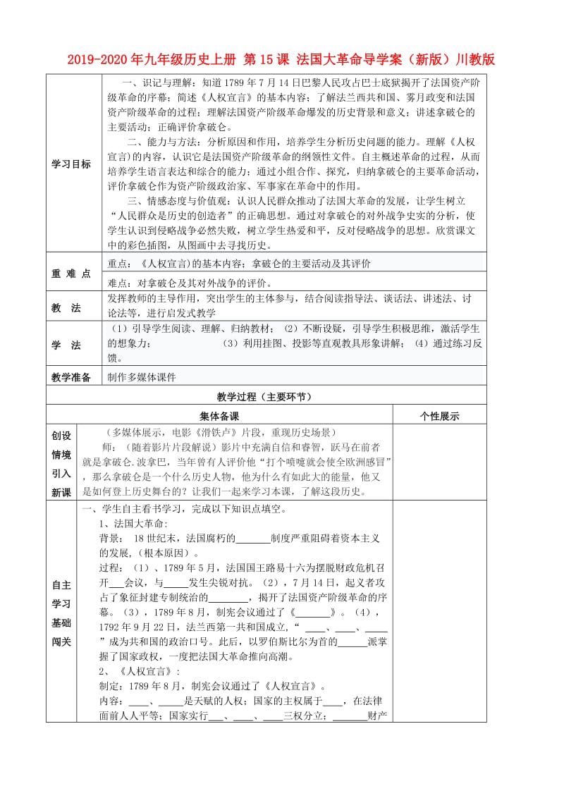 2019-2020年九年级历史上册 第15课 法国大革命导学案（新版）川教版.doc_第1页