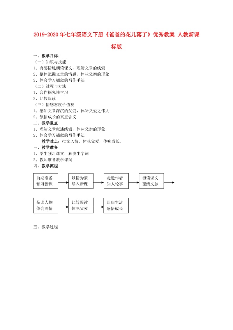 2019-2020年七年级语文下册《爸爸的花儿落了》优秀教案 人教新课标版.doc_第1页