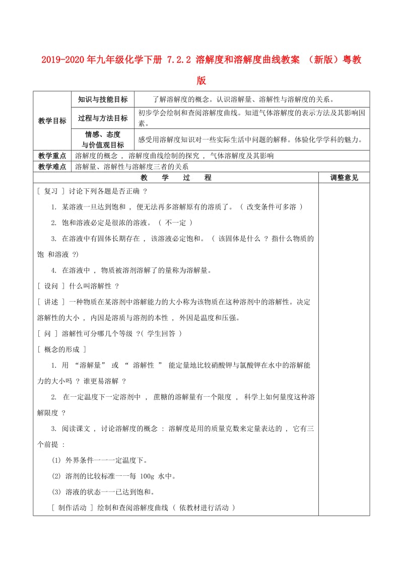 2019-2020年九年级化学下册 7.2.2 溶解度和溶解度曲线教案 （新版）粤教版.doc_第1页