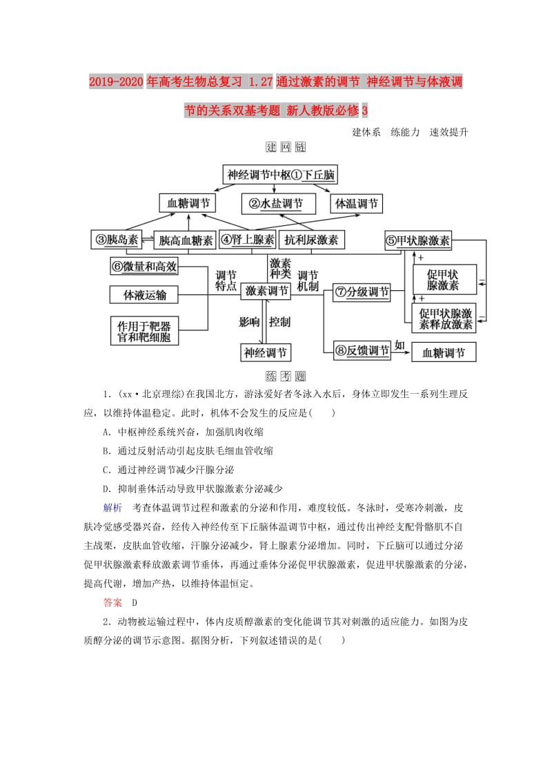 2019-2020年高考生物总复习 1.27通过激素的调节 神经调节与体液调节的关系双基考题 新人教版必修3.doc_第1页