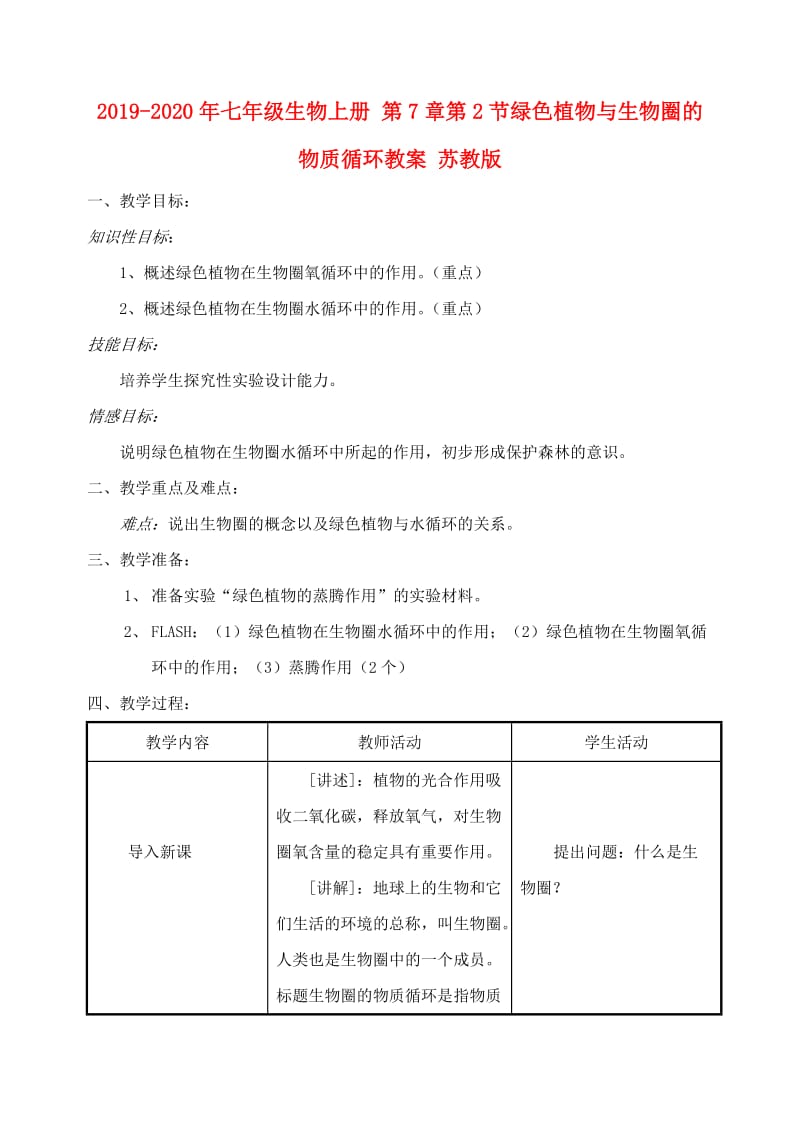 2019-2020年七年级生物上册 第7章第2节绿色植物与生物圈的物质循环教案 苏教版.doc_第1页