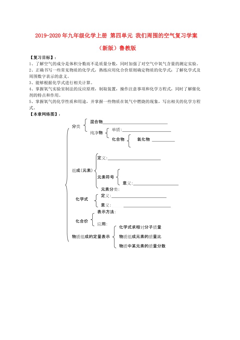 2019-2020年九年级化学上册 第四单元 我们周围的空气复习学案 （新版）鲁教版.doc_第1页