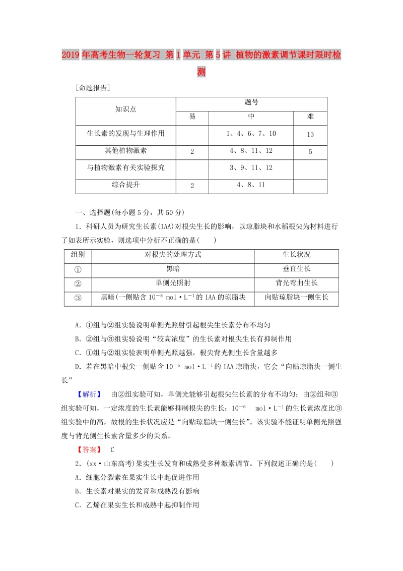 2019年高考生物一轮复习 第1单元 第5讲 植物的激素调节课时限时检测.doc_第1页