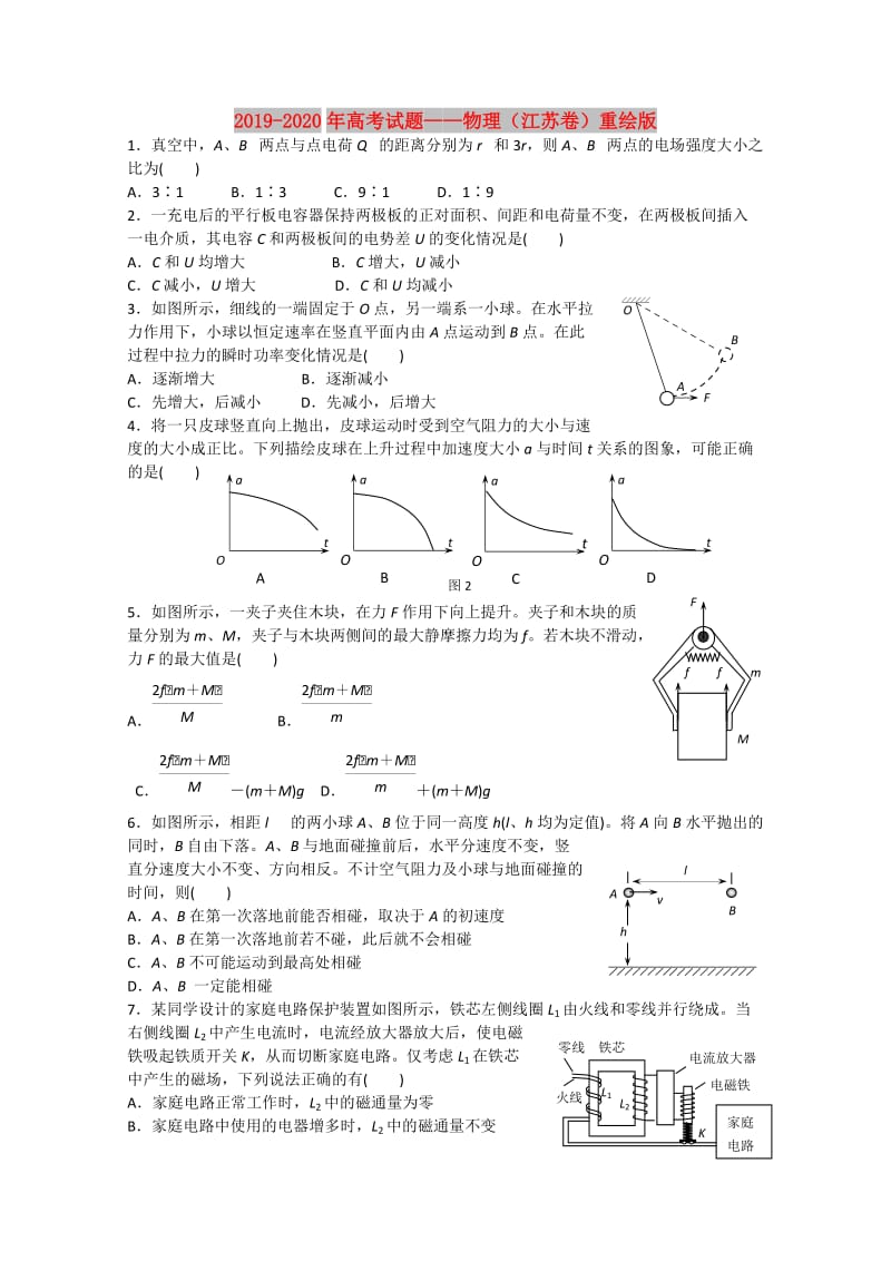 2019-2020年高考试题——物理（江苏卷）重绘版.doc_第1页