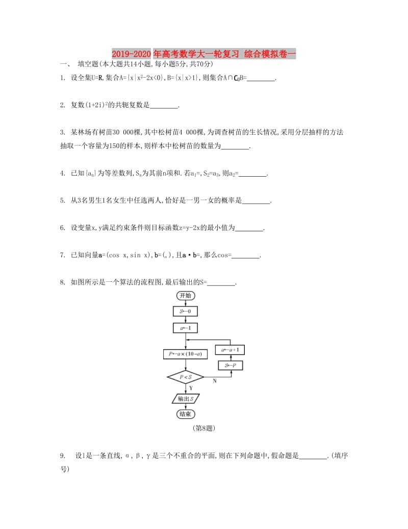 2019-2020年高考数学大一轮复习 综合模拟卷一.doc_第1页