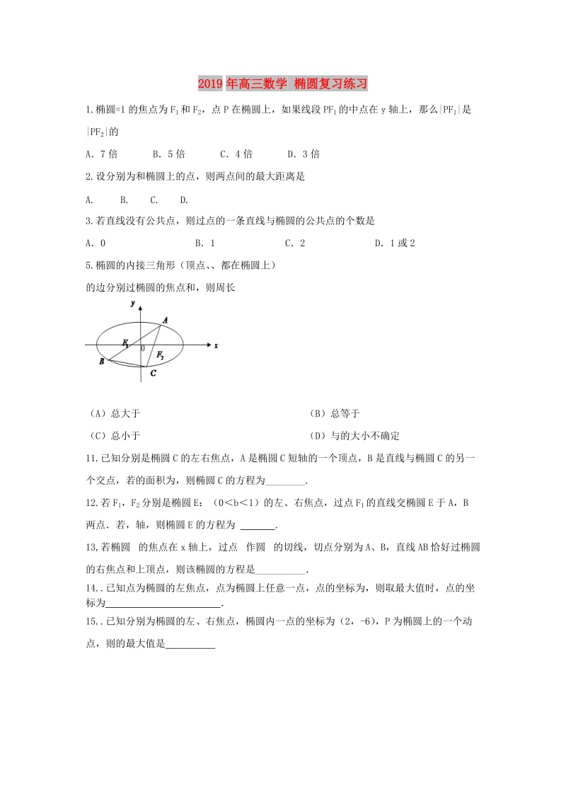 2019年高三数学 椭圆复习练习.doc_第1页