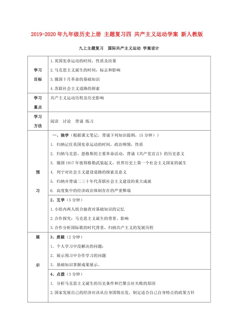 2019-2020年九年级历史上册 主题复习四 共产主义运动学案 新人教版.doc_第1页