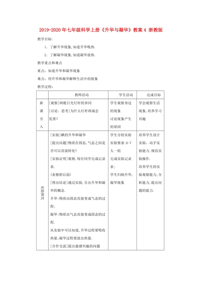 2019-2020年七年级科学上册《升华与凝华》教案4 浙教版.doc_第1页