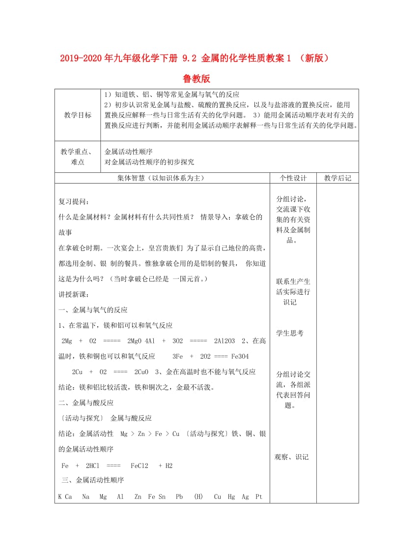 2019-2020年九年级化学下册 9.2 金属的化学性质教案1 （新版）鲁教版.doc_第1页