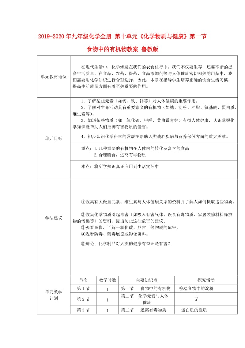 2019-2020年九年级化学全册 第十单元《化学物质与健康》第一节 食物中的有机物教案 鲁教版.doc_第1页