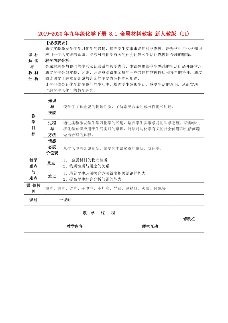 2019-2020年九年级化学下册 8.1 金属材料教案 新人教版 (II).doc_第1页