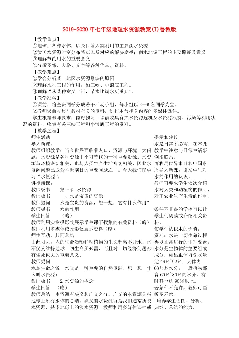 2019-2020年七年级地理水资源教案(I)鲁教版.doc_第1页