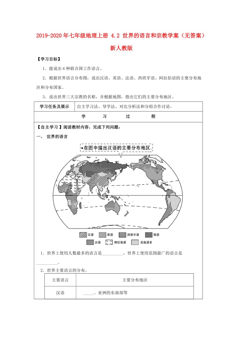 2019-2020年七年级地理上册 4.2 世界的语言和宗教学案（无答案） 新人教版.doc_第1页