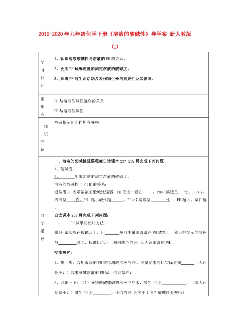 2019-2020年九年级化学下册《溶液的酸碱性》导学案 新人教版 (I).doc_第1页