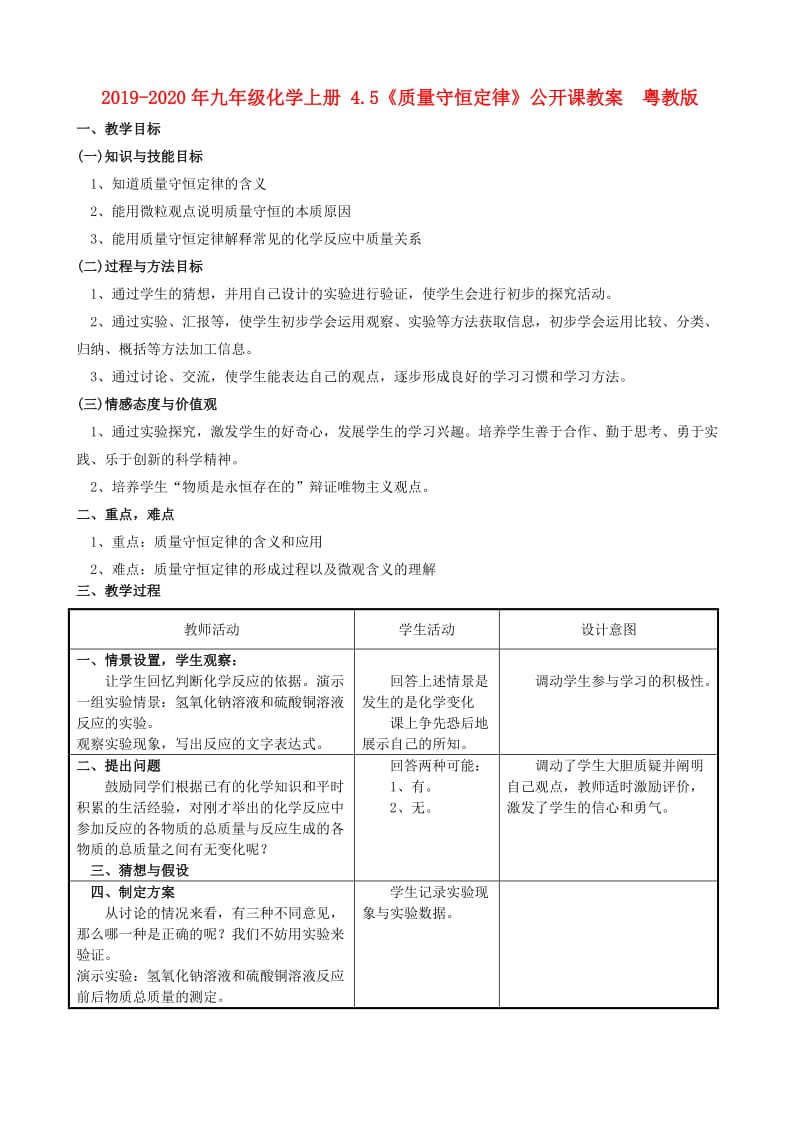 2019-2020年九年级化学上册 4.5《质量守恒定律》公开课教案 粤教版.doc_第1页