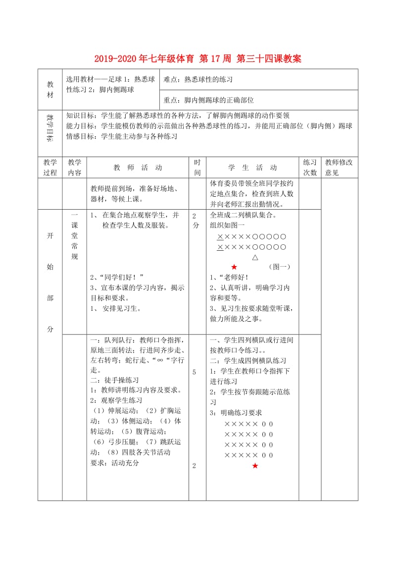 2019-2020年七年级体育 第17周 第三十四课教案.doc_第1页