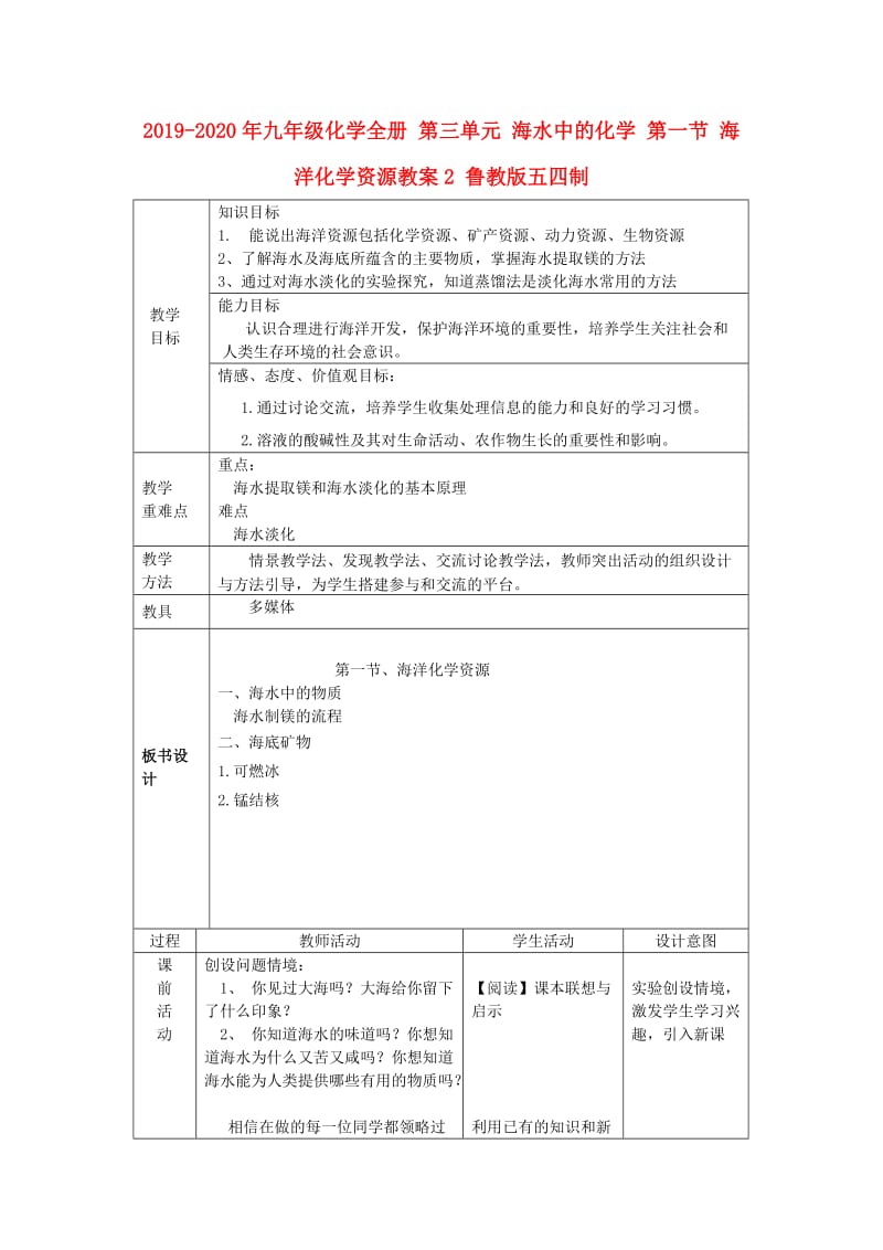 2019-2020年九年级化学全册 第三单元 海水中的化学 第一节 海洋化学资源教案2 鲁教版五四制.doc_第1页