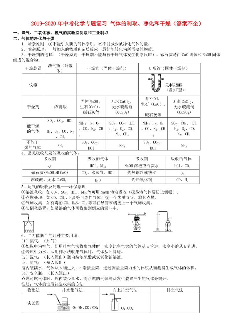 2019-2020年中考化学专题复习 气体的制取、净化和干燥（答案不全）.doc_第1页