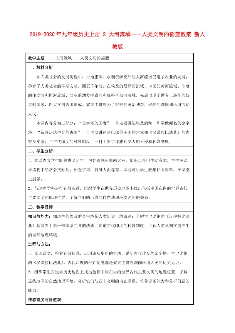 2019-2020年九年级历史上册 2 大河流域——人类文明的摇篮教案 新人教版.doc_第1页