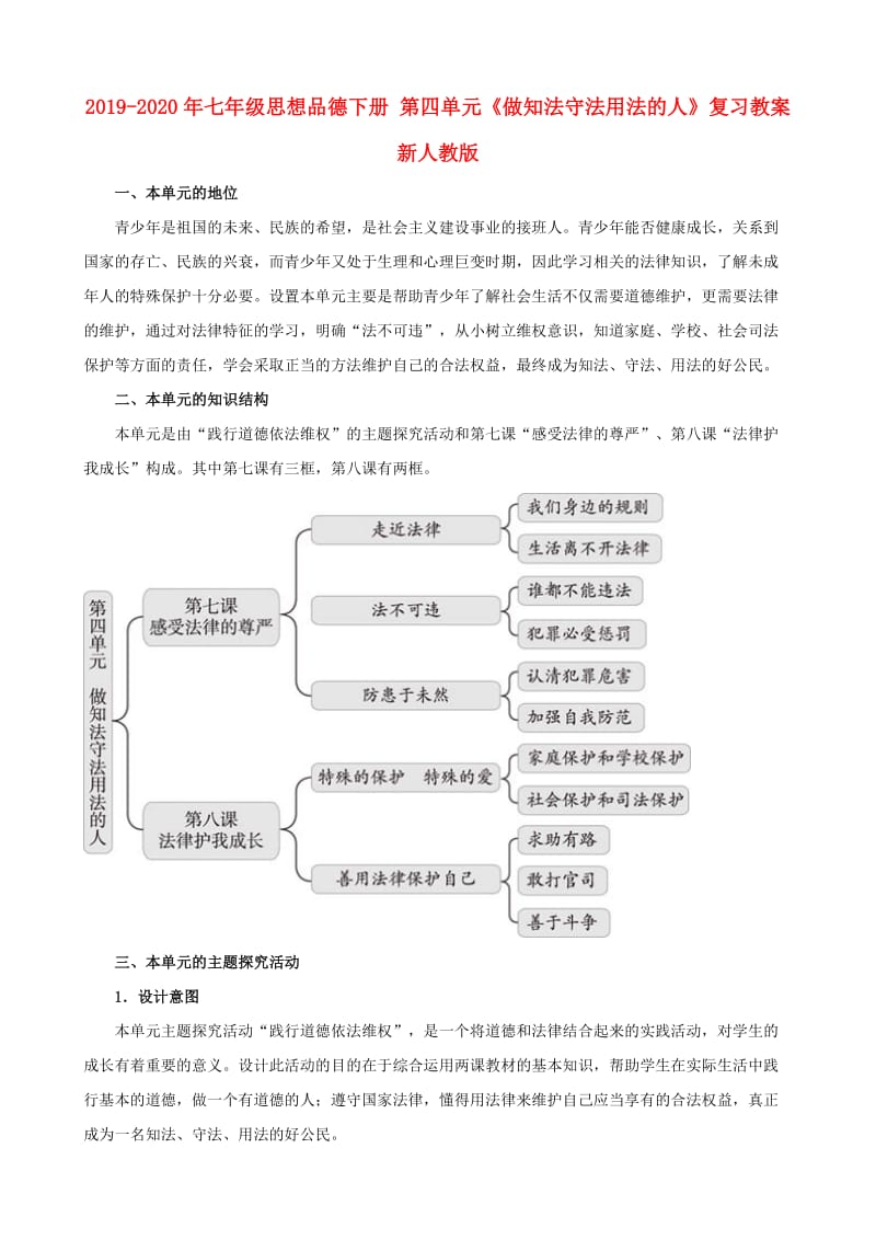 2019-2020年七年级思想品德下册 第四单元《做知法守法用法的人》复习教案 新人教版.doc_第1页