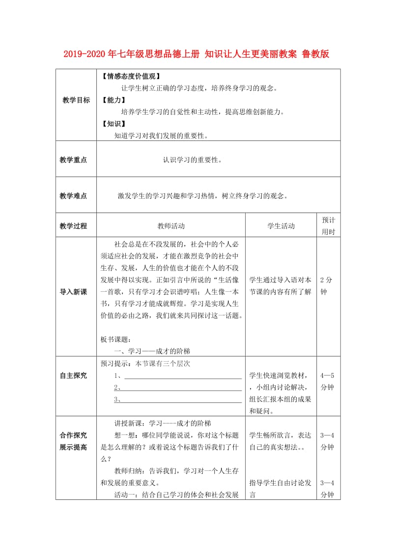 2019-2020年七年级思想品德上册 知识让人生更美丽教案 鲁教版.doc_第1页