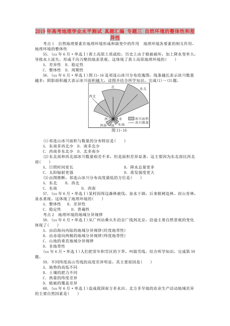 2019年高考地理学业水平测试 真题汇编 专题三 自然环境的整体性和差异性.doc_第1页