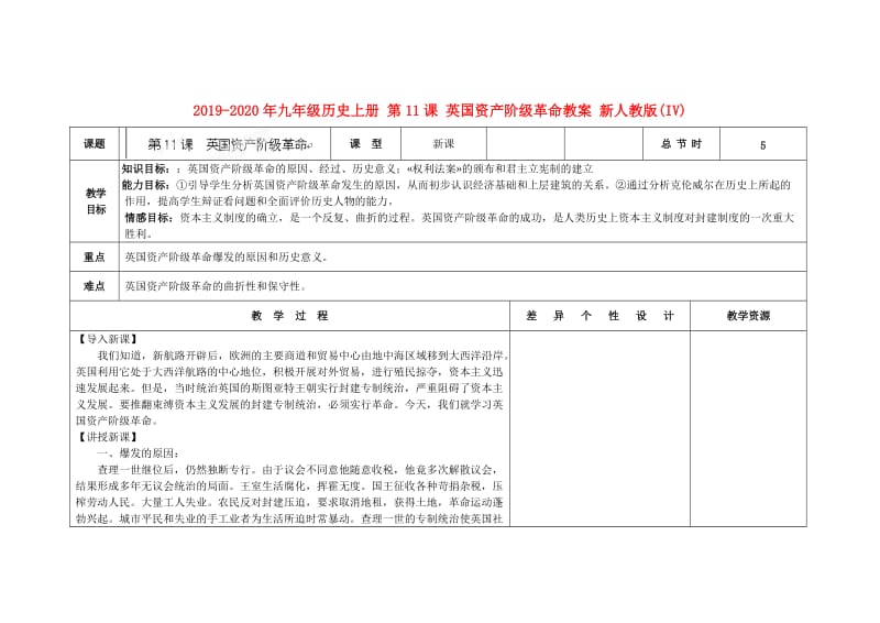 2019-2020年九年级历史上册 第11课 英国资产阶级革命教案 新人教版(IV).doc_第1页