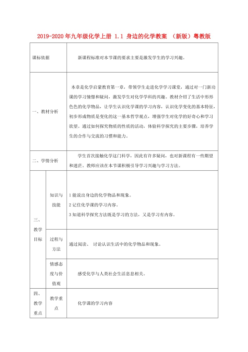 2019-2020年九年级化学上册 1.1 身边的化学教案 （新版）粤教版.doc_第1页