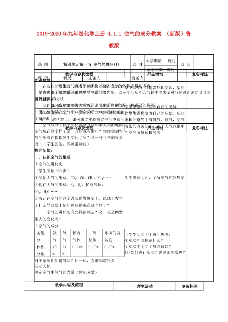 2019-2020年九年级化学上册 4.1.1 空气的成分教案 （新版）鲁教版.doc_第1页