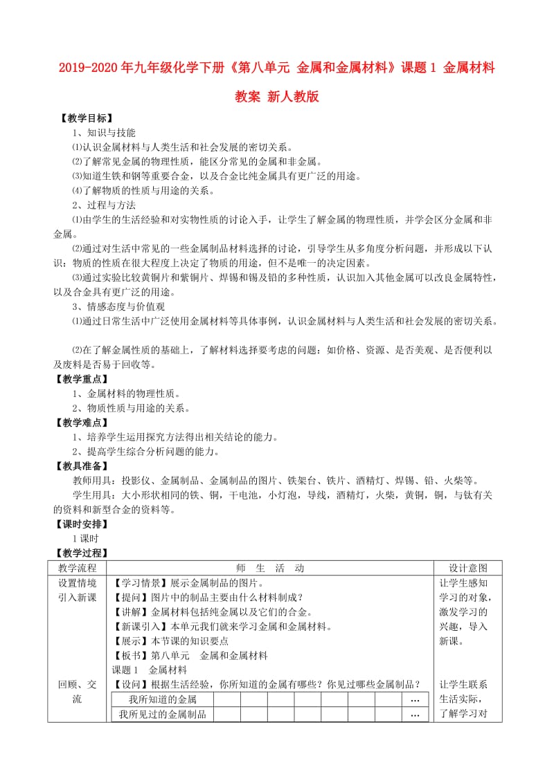 2019-2020年九年级化学下册《第八单元 金属和金属材料》课题1 金属材料教案 新人教版.doc_第1页