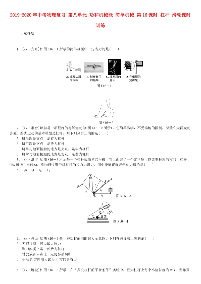 2019-2020年中考物理复习 第八单元 功和机械能 简单机械 第16课时 杠杆 滑轮课时训练.doc_第1页