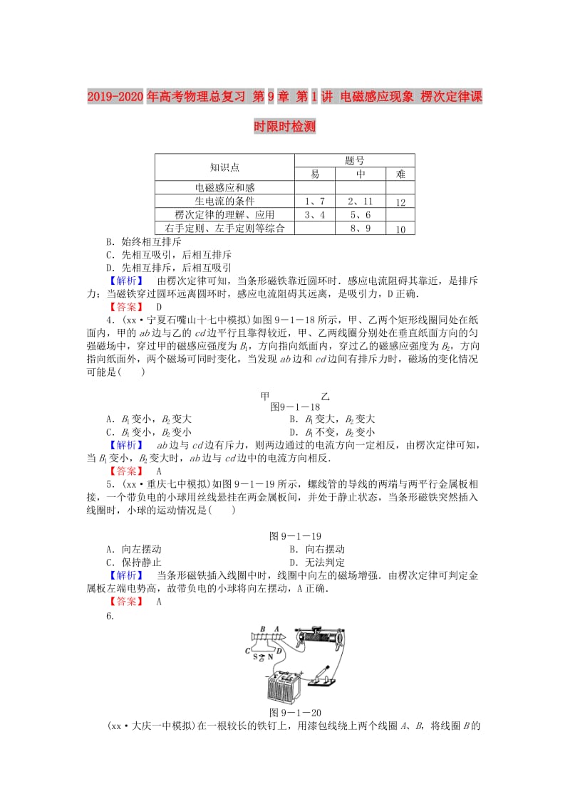 2019-2020年高考物理总复习 第9章 第1讲 电磁感应现象 楞次定律课时限时检测.doc_第1页