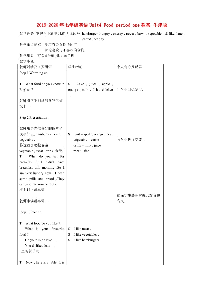 2019-2020年七年级英语Unit4 Food period one教案 牛津版.doc_第1页