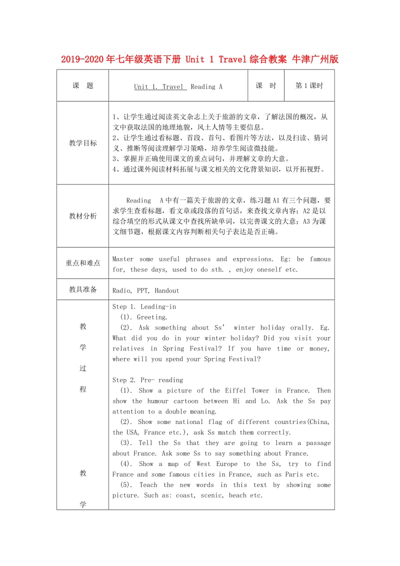 2019-2020年七年级英语下册 Unit 1 Travel综合教案 牛津广州版.doc_第1页