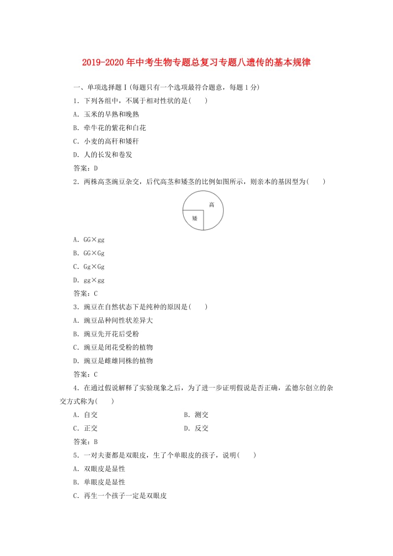 2019-2020年中考生物专题总复习专题八遗传的基本规律.doc_第1页