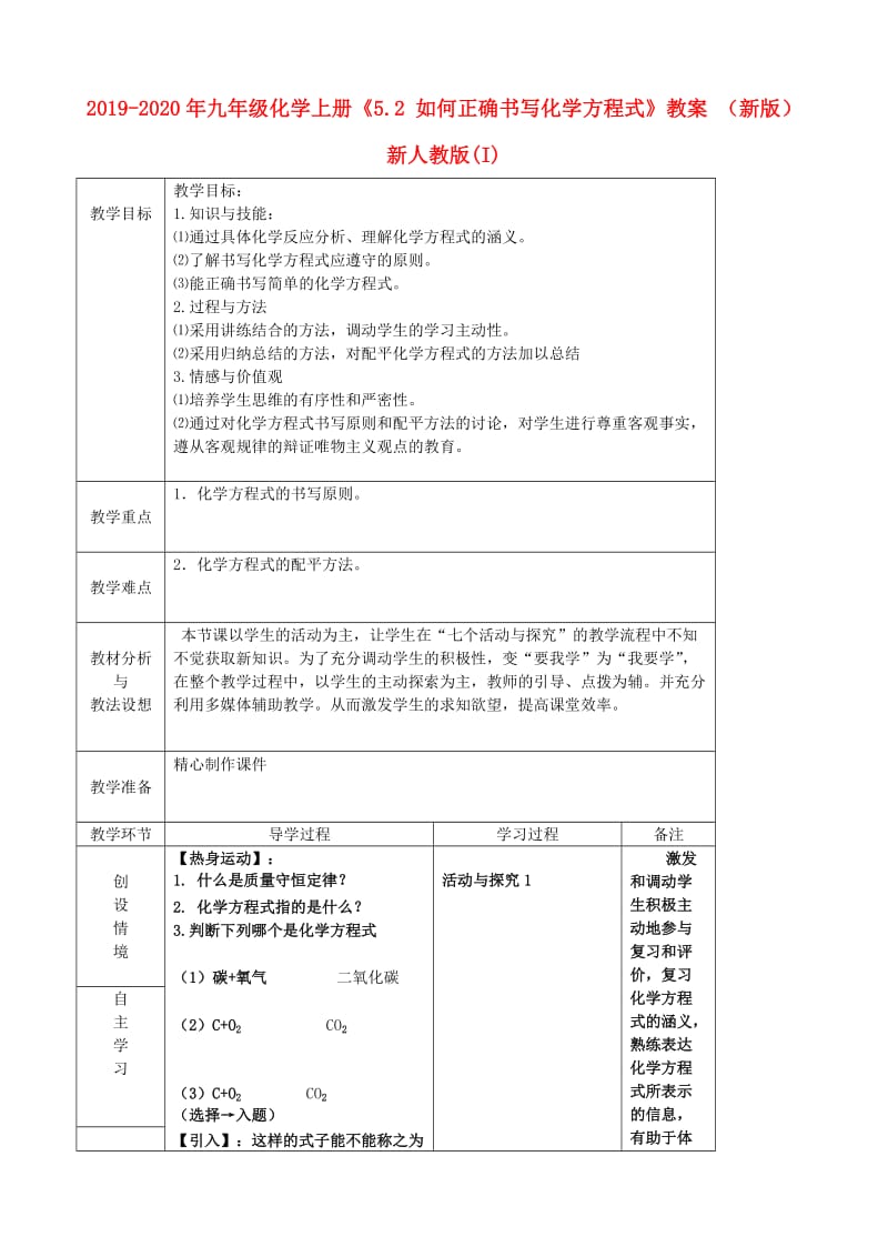 2019-2020年九年级化学上册《5.2 如何正确书写化学方程式》教案 （新版）新人教版(I).doc_第1页