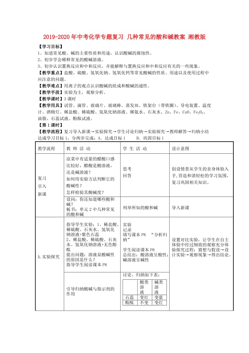 2019-2020年中考化学专题复习 几种常见的酸和碱教案 湘教版.doc_第1页