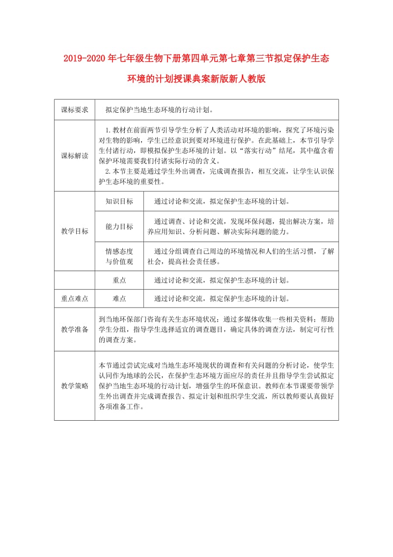 2019-2020年七年级生物下册第四单元第七章第三节拟定保护生态环境的计划授课典案新版新人教版.doc_第1页