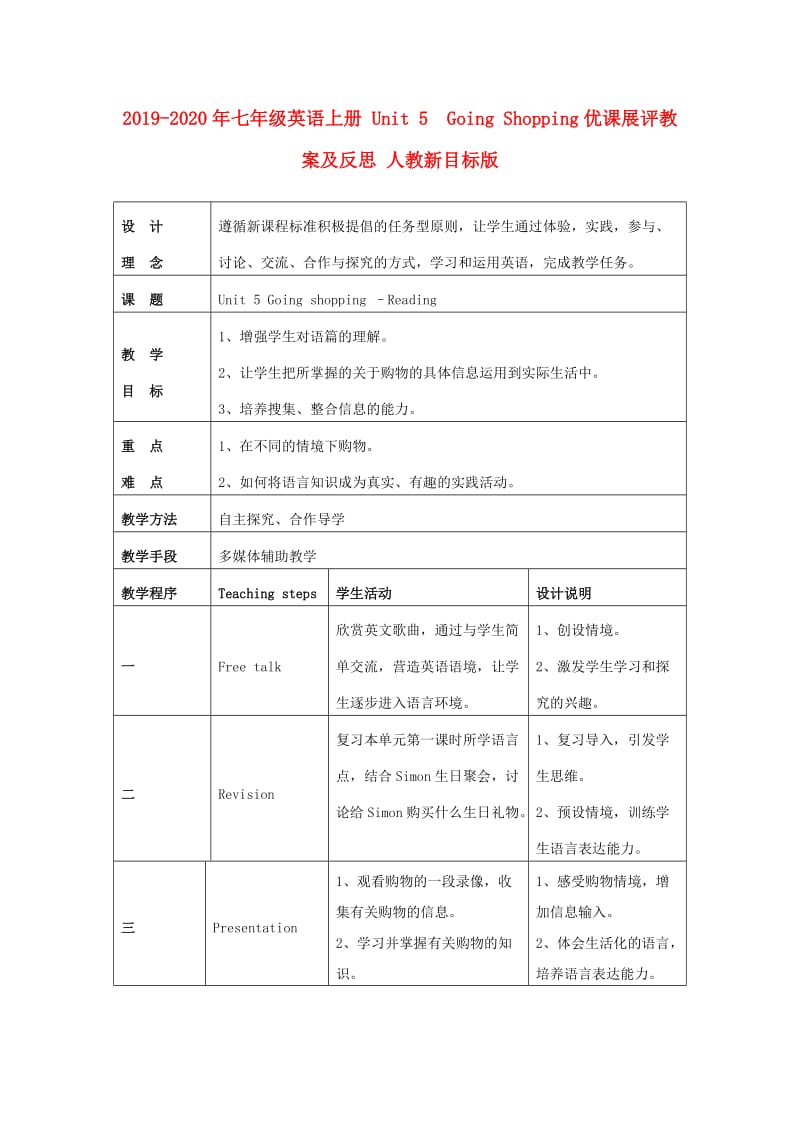 2019-2020年七年级英语上册 Unit 5 Going Shopping优课展评教案及反思 人教新目标版.doc_第1页